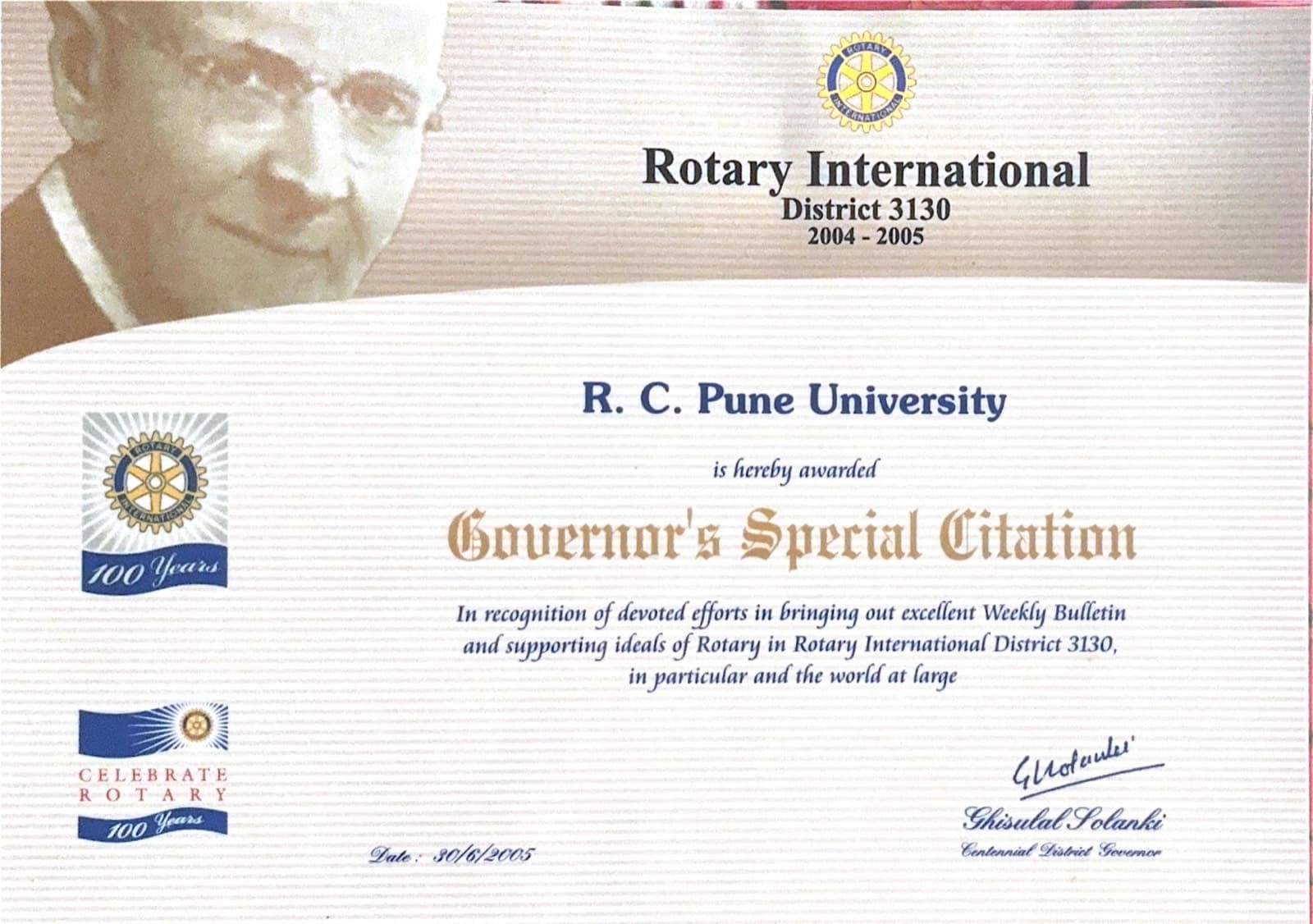 Governor's Special Citation for the club's excellent Weekly Bulletin, District 3130, 2004-05