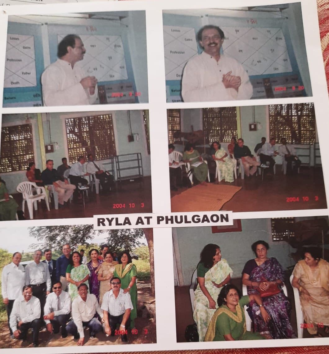 A page from the club's photo album: members at a club talk, and the RYLA youth leadership camp at Phulgaon in October 2004.